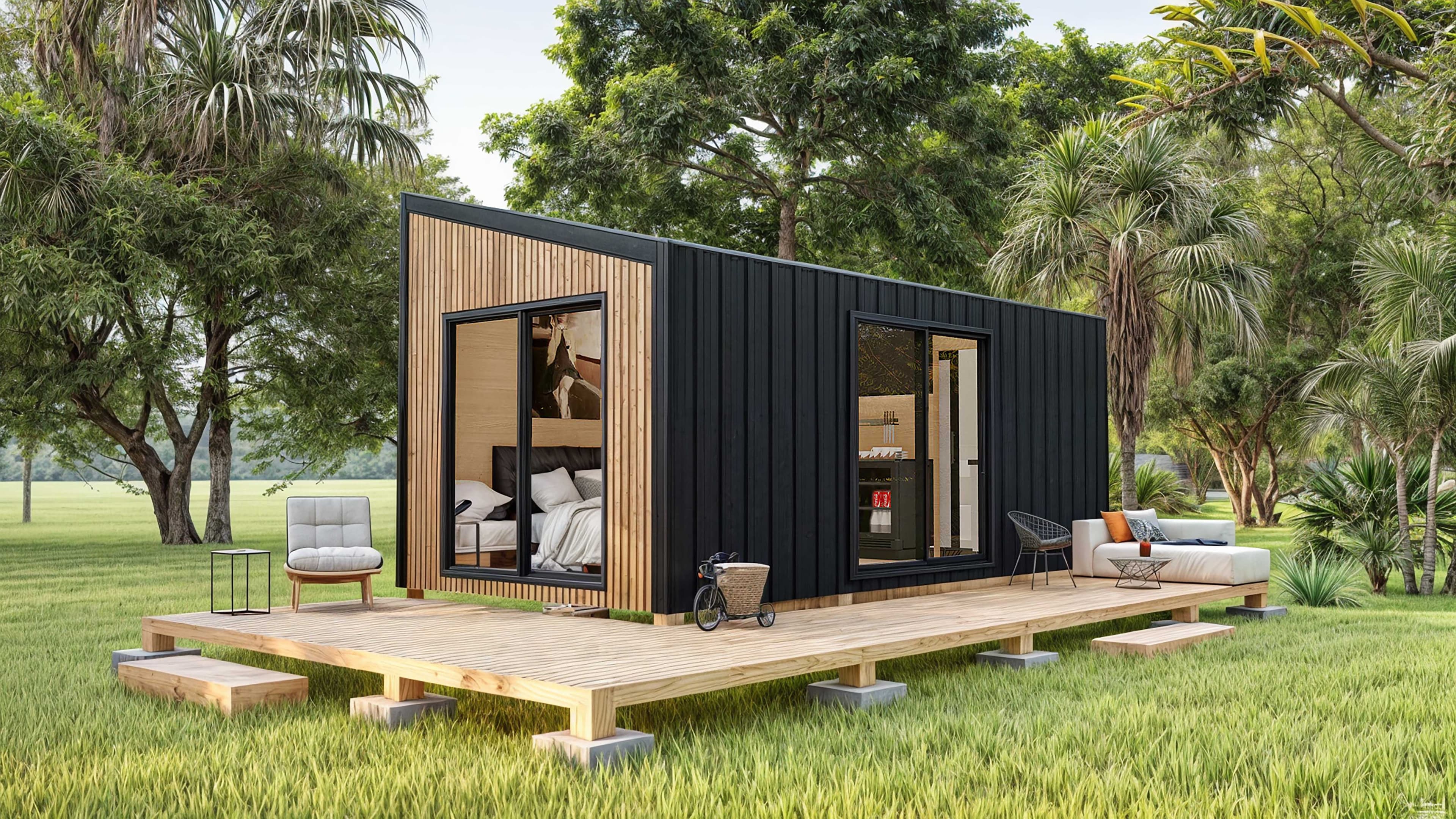 Skylark Pavilion — light-filled pavilion-style small home with large glass walls opening to garden.